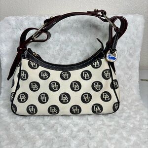 Vintage Dooney & Bourke Hobo Black and Cream Women's Bag With Logo Print